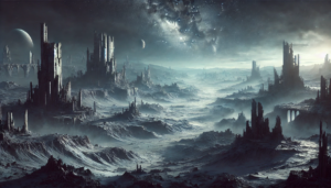 A captivating 16_9 scene of a barren, lifeless planet covered with remnants of an ancient civilization. The ruins are weathered and crumbling, with th