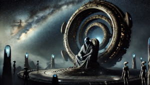 A cinematic 16_9 scene featuring a more human-like figure seated in a massive, ancient, and mysterious telescope-like apparatus, inspired by the Engin
