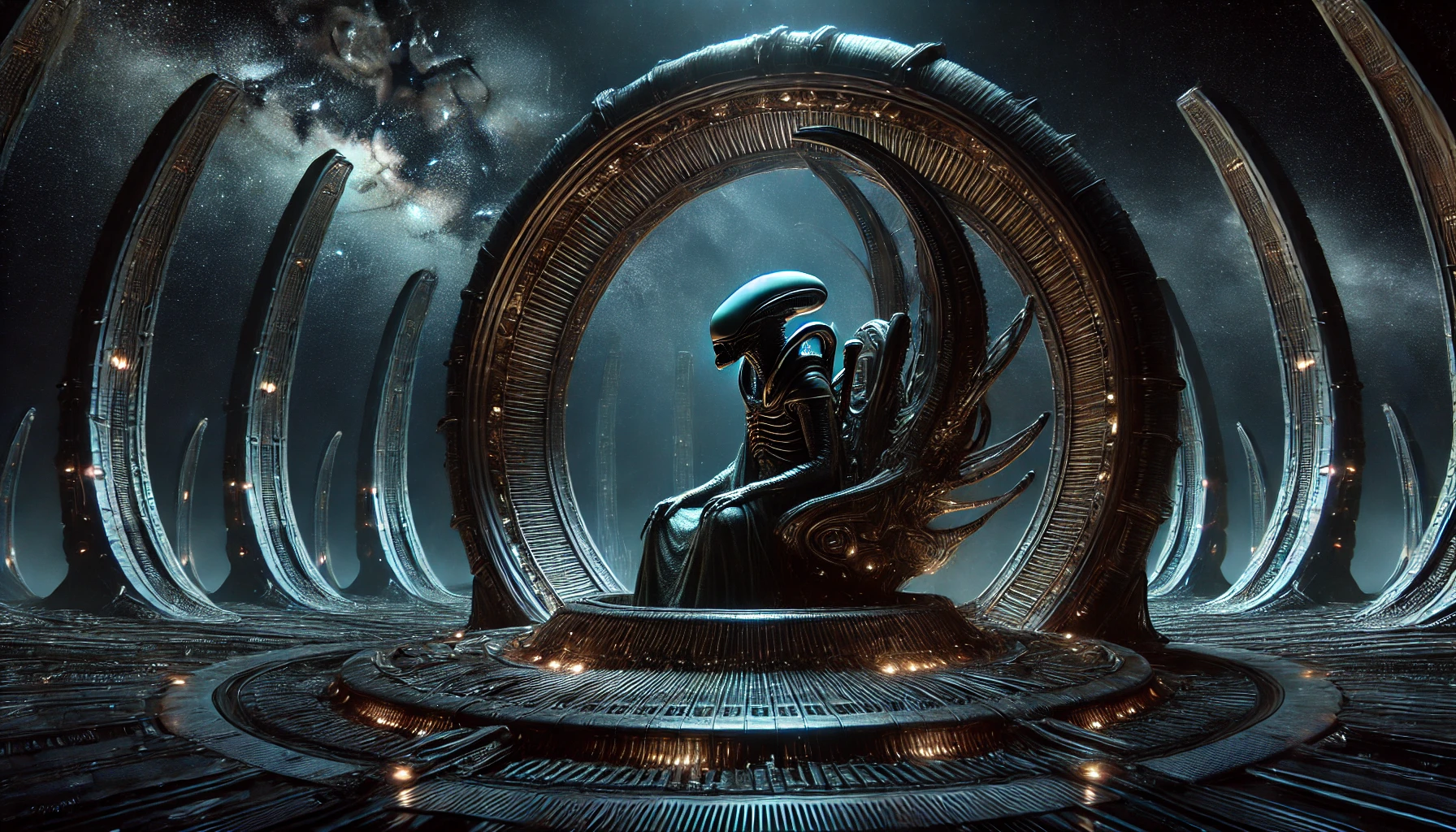 A cinematic 16_9 scene inspired by the aesthetic of the Engineer creature from the first Alien film, seated in a massive, ancient, and mysterious tele