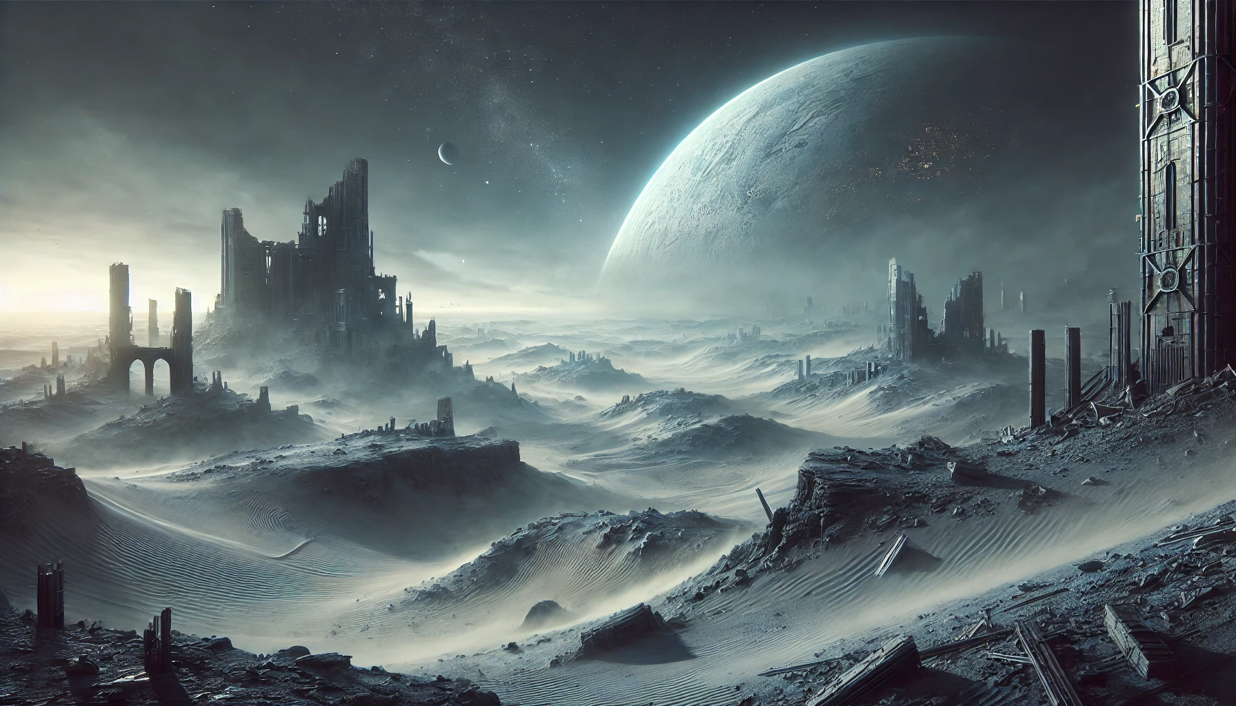 A dramatic 16_9 scene of a desolate, barren planet with ancient ruins scattered across a windswept landscape. The ruins are partially buried, showing