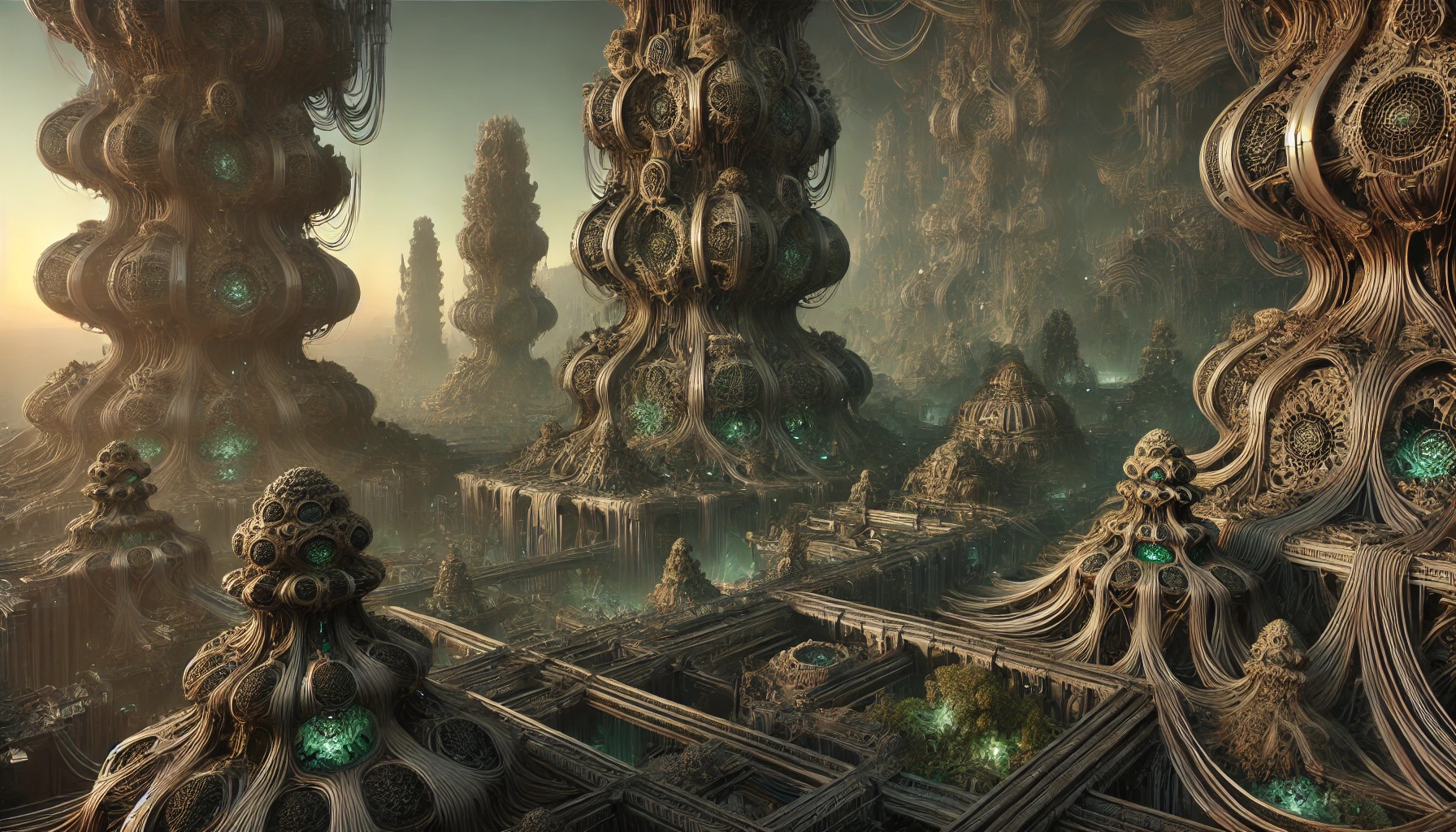 A highly detailed alien insectoid city, with structures that resemble intricate hive-like buildings and towering spires inspired by insect nests. The