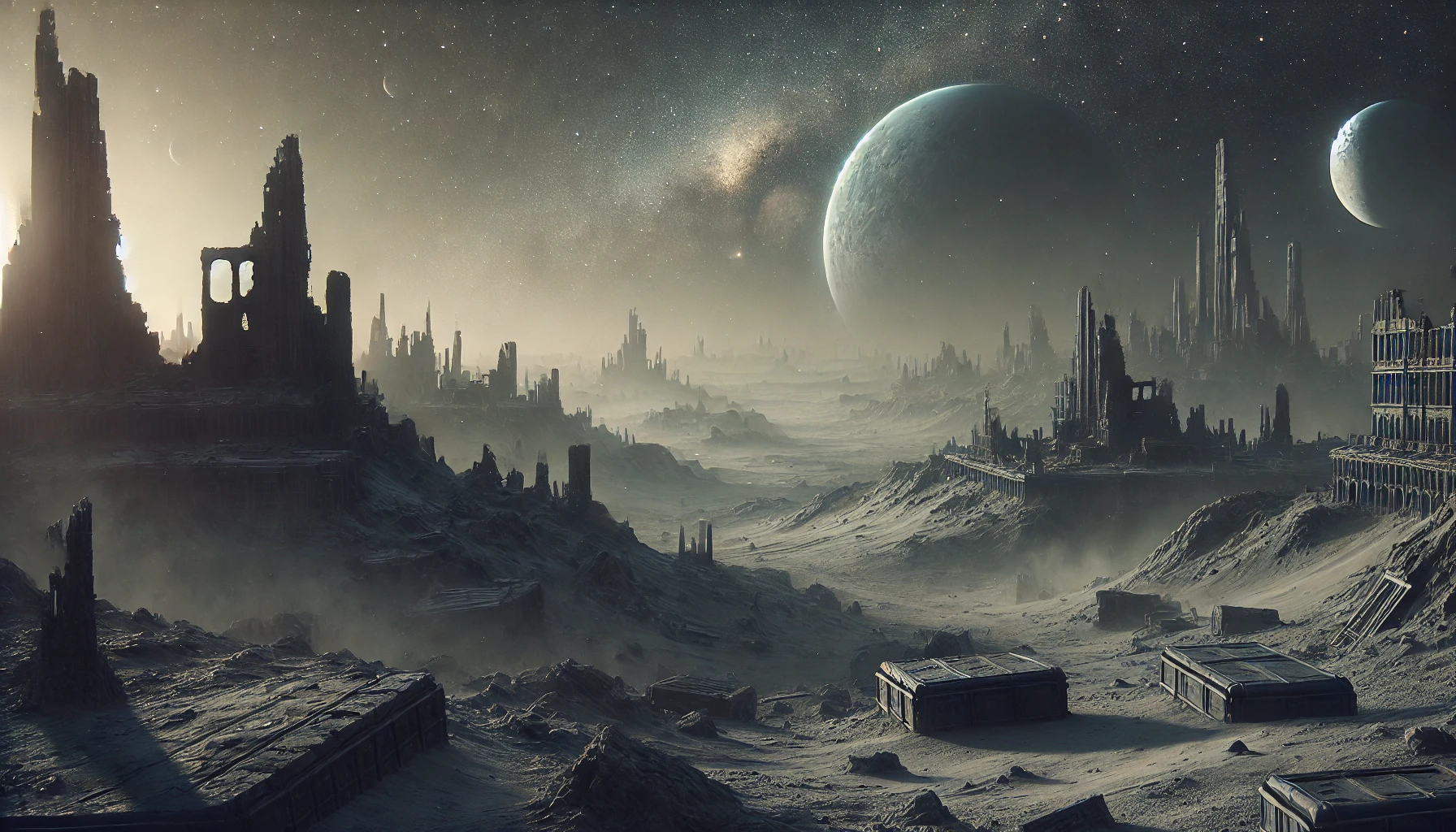 A wide 16_9 scene depicting a desolate planet, covered in ancient ruins. The atmosphere is dark and melancholic, with hints of a once-thriving civiliz