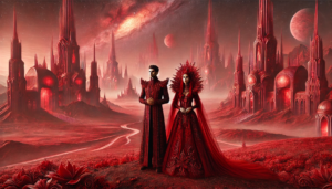 Create a scene inspired by the previous image, featuring inhabitants of a vibrant red world. The landscape is dominated by towering, elegant red spire