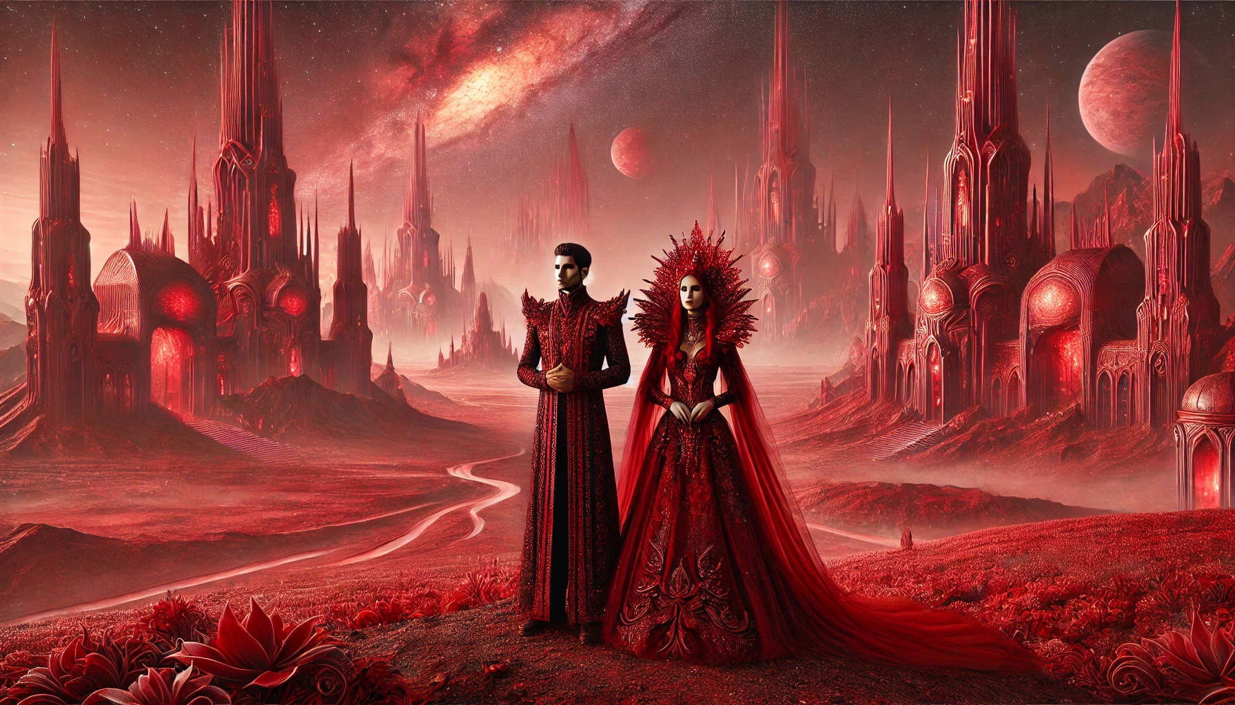 Create a scene inspired by the previous image, featuring inhabitants of a vibrant red world. The landscape is dominated by towering, elegant red spire