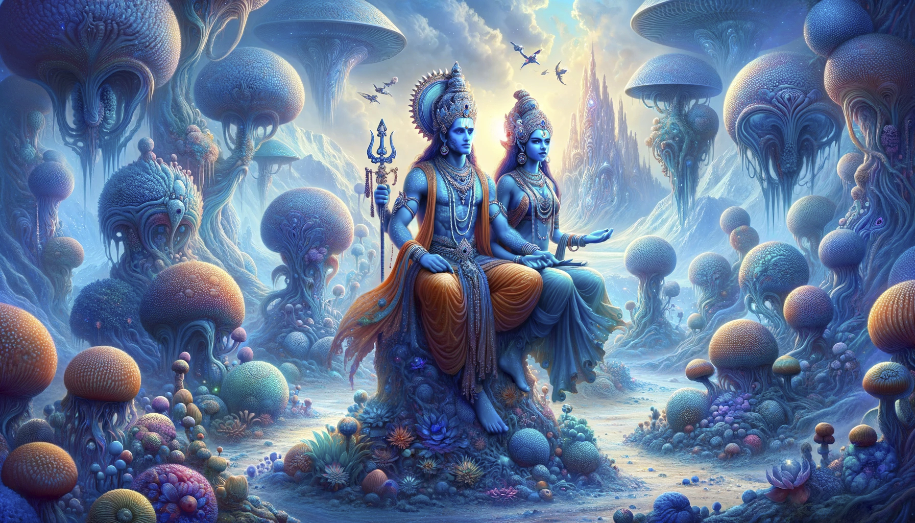 Create a variation of the image provided, depicting an alien world where a man and a woman, both resembling blue Hindu deities, are shown in a differe