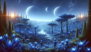 Create an image of an alien world filled with exotic blue flora and inhabitants with blue skin. The landscape should be lush and vibrant, featuring an (1)