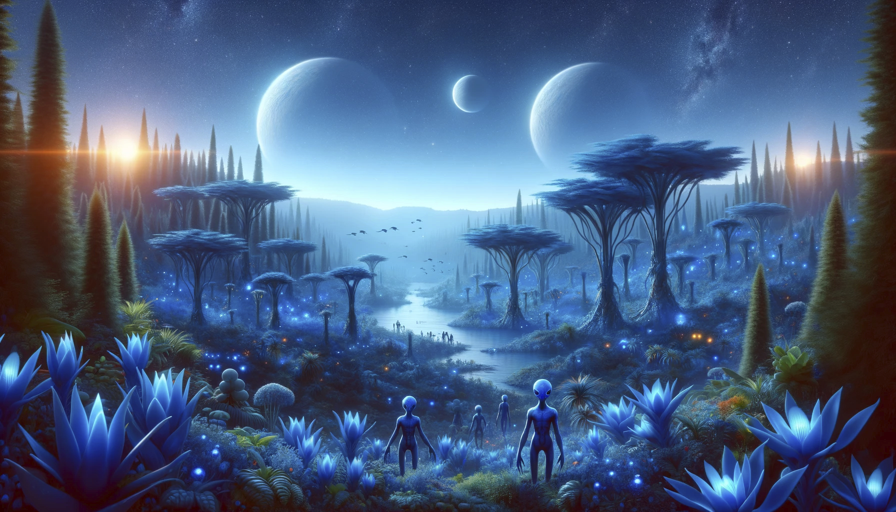 Create an image of an alien world filled with exotic blue flora and inhabitants with blue skin. The landscape should be lush and vibrant, featuring an (1)