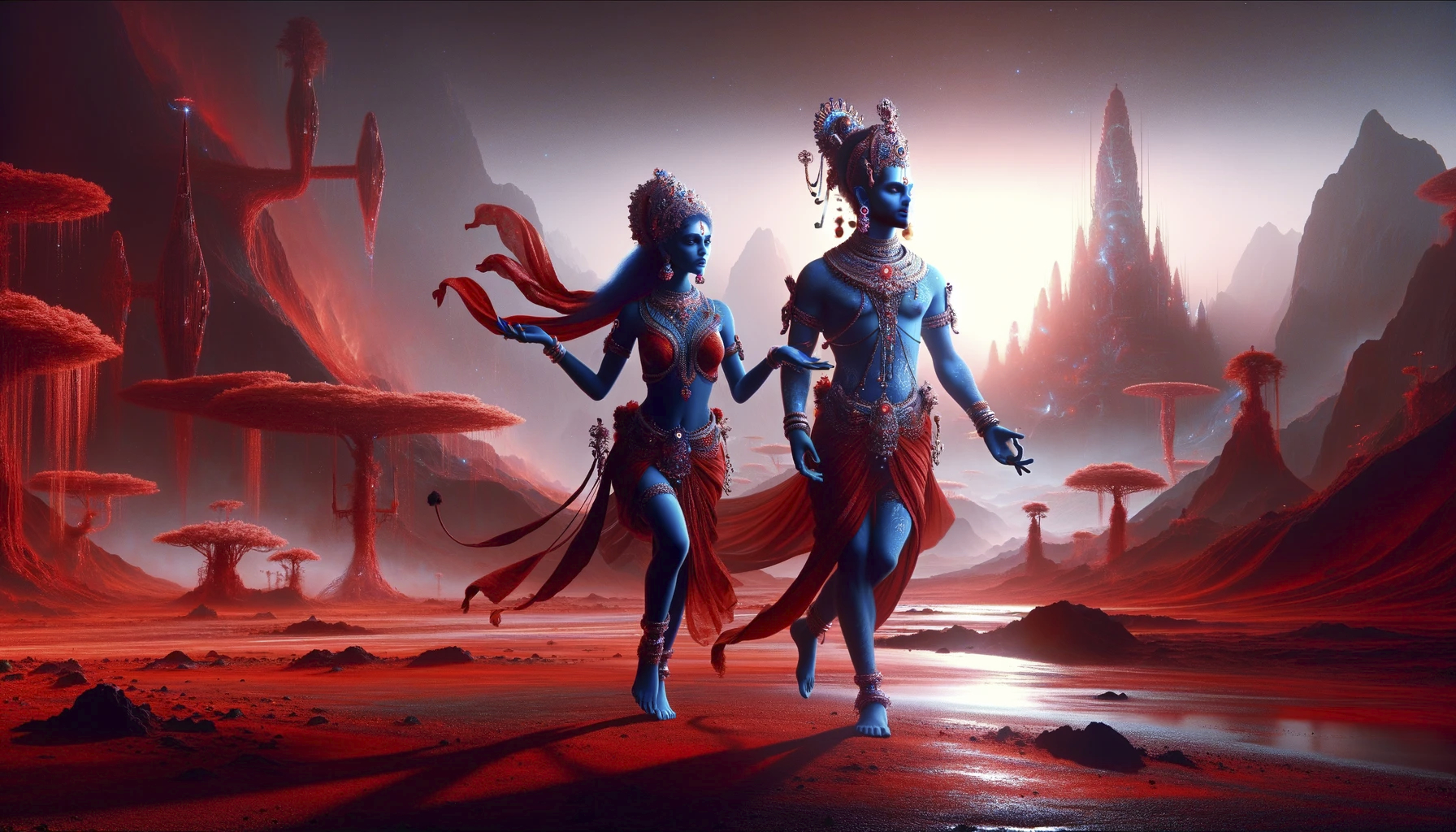 Create an image of inhabitants of a red world, where a man and a woman resemble the previously created image of the goddess, exuding beauty and grace (1)